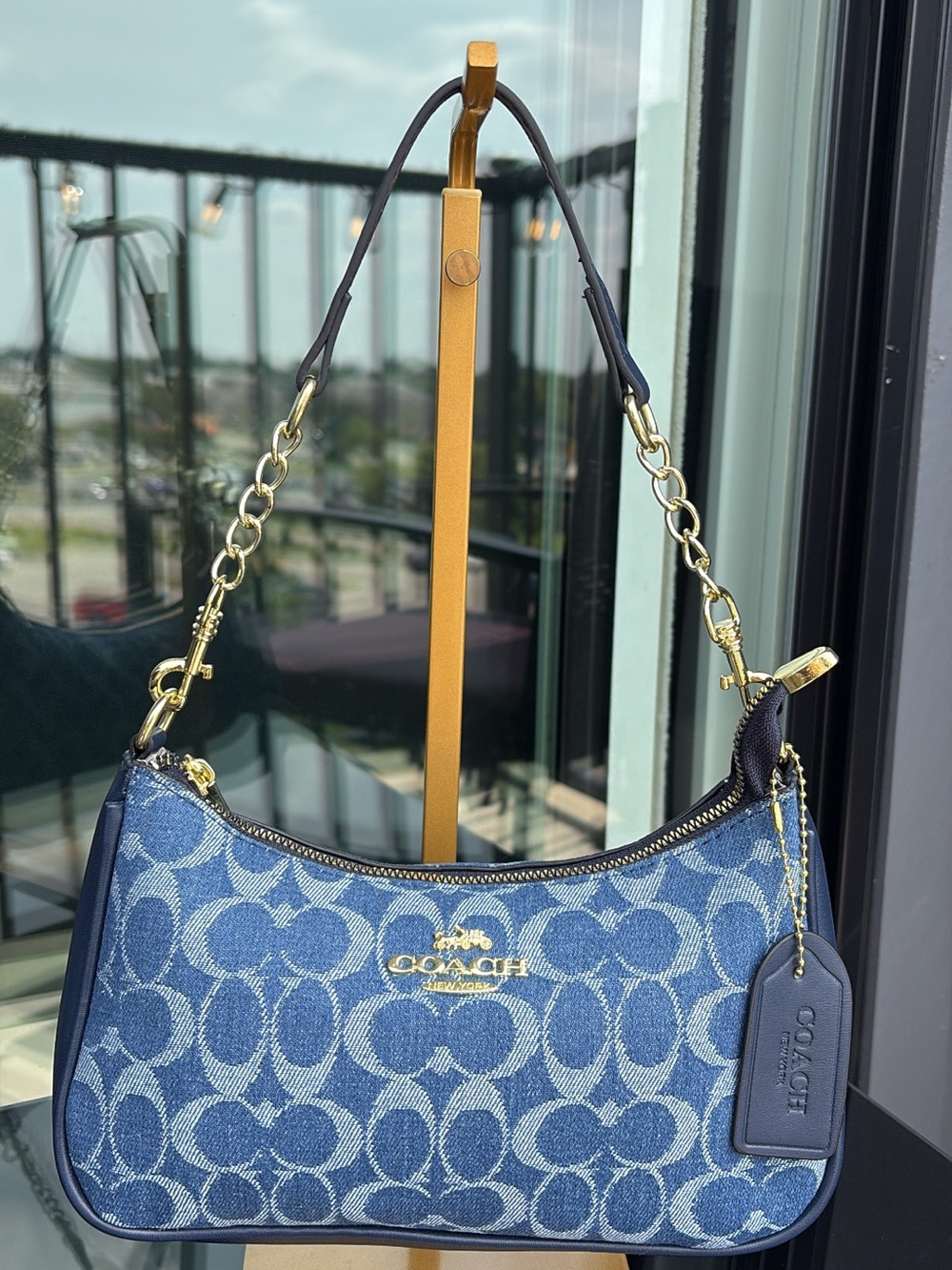 Coach Denim Signature Shoulder Bag in Blue with Gold Hardware